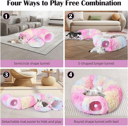 Odoland Cat Tunnel Bed with 20 Cat Toys - Indoor Plush Kitten Couch,Detachable Cats Cave Donut Tunnel & Soft Kitten Toy Set-Cozy Cat Furniture Pink