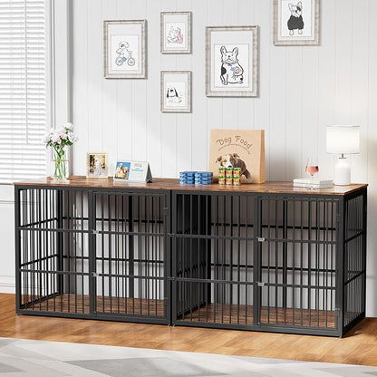 94.48'' Dog Crate Furniture Large Breed TV Stand with Double Rooms,Wooden Dog Kennel Dog Crate End Table with Removable Divider for Large Medium Dogs, Can Use Separately
