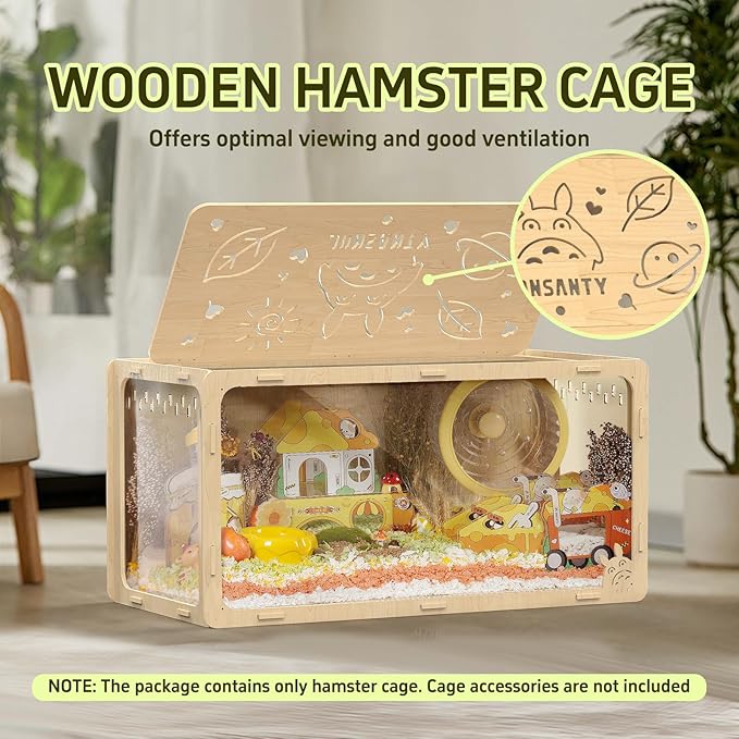 31.5 inch Wooden Hamster Cage, Large Habitat, Openable Top, Transparent Acrylic for Interior View, Ventilated, Easy to Clean, for Syrian Hamster, Dwarf Hamster, Gerbil, Other Small Pet Animals