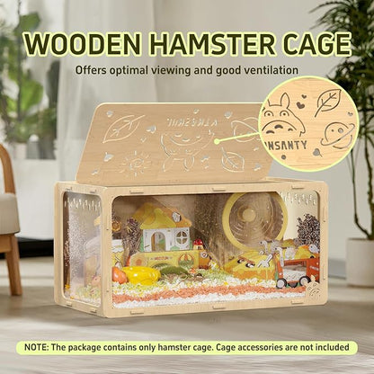 31.5 inch Wooden Hamster Cage, Large Habitat, Openable Top, Transparent Acrylic for Interior View, Ventilated, Easy to Clean, for Syrian Hamster, Dwarf Hamster, Gerbil, Other Small Pet Animals