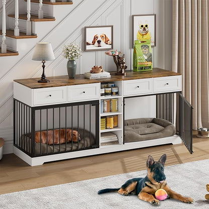 82 Double Dog Crate Furniture, Large Dog Kennel Indoor for 2 Dogs, Heavy Duty Wooden Dog Crate TV Stand with 4 Drawers and Shelves, White