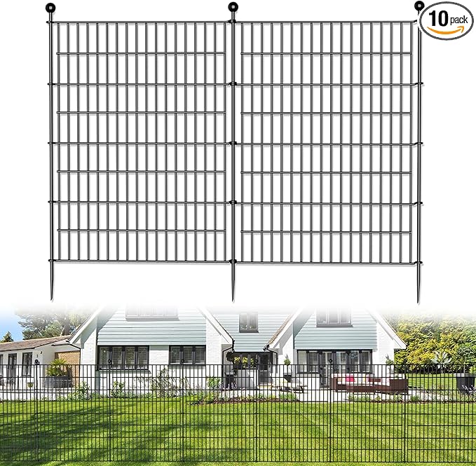 10 Panels No Dig Decorative Outdoor Garden Fence for Yard, 40 in(H) X 23.6 ft(L) Animal Barrier Fencing Rustproof Metal Wire Panel Border for Dog, Rabbits, and Patio Temporary Ground Stakes