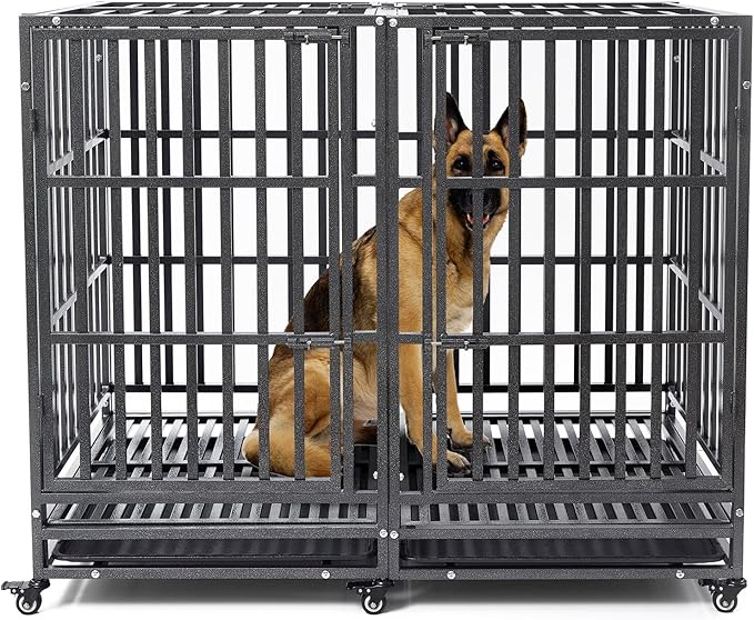 54 inch Heavy Duty Indestructible and Escape-Proof Dog Crate Cage Kennel for Large Dogs, High Anxiety Dog Crate with Removable Wire Trays and Wheels, Extra Large XL XXL