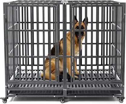 54 inch Heavy Duty Indestructible and Escape-Proof Dog Crate Cage Kennel for Large Dogs, High Anxiety Dog Crate with Removable Wire Trays and Wheels, Extra Large XL XXL