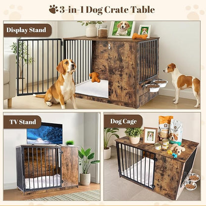 Dog Crate Furniture for Large Dogs, 36" Indoor Wooden Dog Kennel with 270° Swivel Door, 360° Rotating Feeder, Decorative Heavy Duty Dog House with Double Locks & Bowls, Rustic Brown