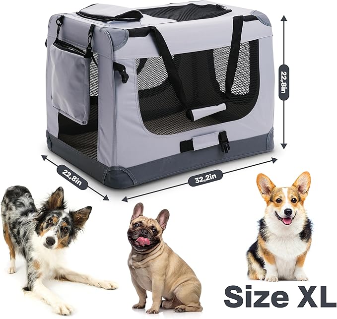 Folding X-Large Dog Carrier (32,2"*22,8"*22,8") Pet Carrier, Soft Dog Crate with 3 Durable Tear-Resistant Mesh Window, Soft Pad and Bag for Supplies, Travel Crate Kennel for Pets (Gray)