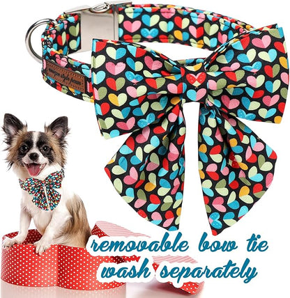Unique Style Paws Valentine's Day Dog Collar with Bow Colorful Heart Love Dog Collars for Small Medium Large Dog New (S, Heart Bowtie)