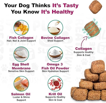 Doggie Dailies Skin & Coat Supplement Support, Salmon Oil for Dogs Skin and Coat with Collagen, Omega 3, Krill Oil, Biotin, & Coconut Oil for Dogs (Duck) 225 Soft Chews