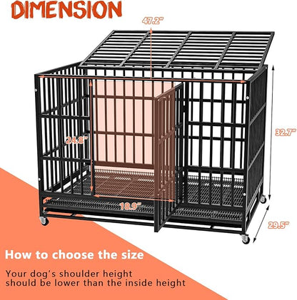 LEMBERI 48/38 inch Heavy Duty Indestructible Dog Crate, Escape Proof Dogs Cage Kennel with Lockable Wheels,High Anxiety Double Door Kennel,Extra Large Crate Indoor for Large Dog with Removable Tray