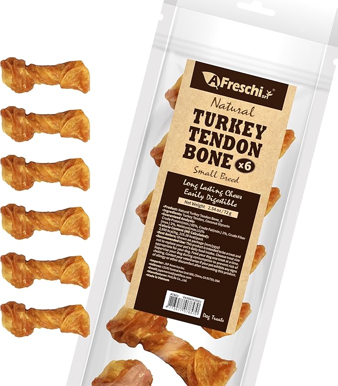 Afreschi Turkey Tendon for Dogs, Small Bone 6 Pieces per Pack, USA-Sourced Turkey, All Natural Human Grade Puppy Chew, Hypoallergenic, Rawhide Alternative, Dog Treats for Small Breeds