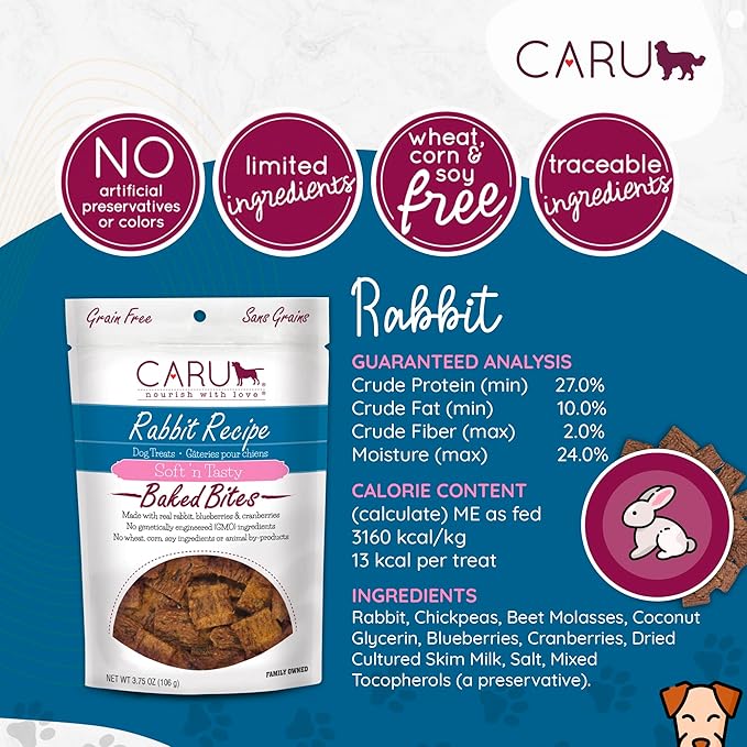 Caru - Soft n Tasty Baked Bites - Rabbit Bites Dog Treats - Flavorful Training Treats - 3.75 oz Bags - Pack of 3