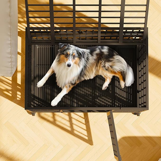 Shintenchi 48 inch Heavy Duty Crates for Large Dog, Indestructible and Escape-Proof Cage Kennel with Lockable Wheels, Double Door High Anxiety with Removable Tray, Black