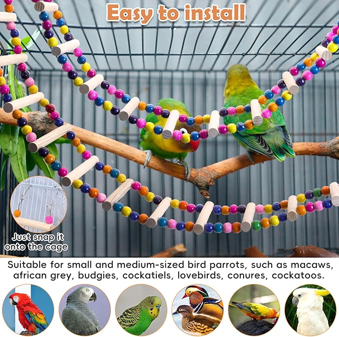 PINVNBY 2 PCS Extra Large Bird Ladder Toys, Wooden Parakeet Swing Toys with Colored Beads, Bird Cage Accessories for Parrot Macaws African Greys Conure Cockatiel (25.6''-10 Steps and 39.3''-18 Steps)