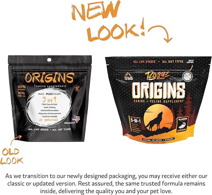 ROGUE PET SCIENCE Origins 5-in-1 Dog Supplement - Powdered Food Topper w/Natural Omega 3 Fish Oil - Supports Healthy Digestion, Skin, and Coat - Helps Reduce Itching & Joint Inflammation (5 lbs)