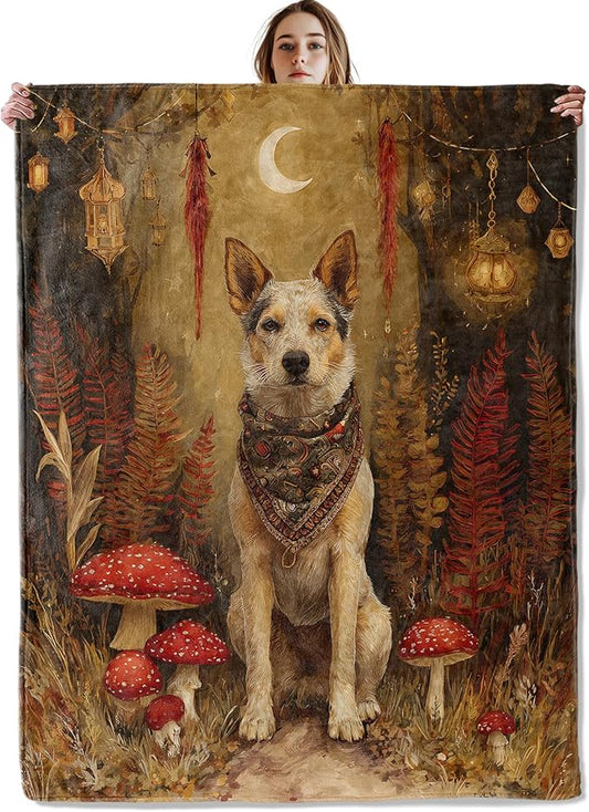 Mystical Dog Blanket, Soft Cozy Lightweight Enchanted Forest with Mushrooms, Ferns, and Lanterns Throw Blanket for Women Kids, Sofa Couch Bed 60x80 Inch Flannel Blankets for Travel Decor Gifts