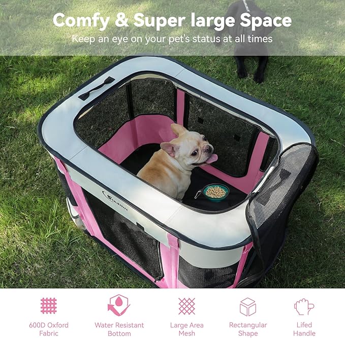 Dog Cat Playpen28/31/35in, Pet Puppy Portable Playpens for Outdoor Travel Crate, Indoor After Surgery Use, Foldable Dog Kennel Tent for Rabbit or Small Animals and Tent Stakes (Pink, Small)