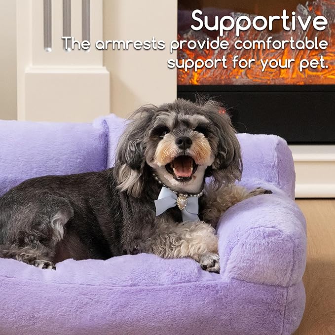 Hollypet Fluffy Plush Pet Cat Couch Sofa Soft Calming Pet Dog Sofa Beds for Medium Small Cats and Dogs, Light Purple