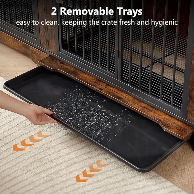 Rovibek Double Dog Crate, TV Stand, 75 Inch Dog Crate Furniture for 2 Dogs, Dog Kennel Indoor with Double Doors, Dog Cage with Removable Divider for Large Medium Dogs, Brown