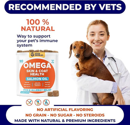 Omega 3 Fish Oil for Dogs Bundle - Skin&Coat Chews - Dry&Itchy Skin Relief + Allergy Support - EPA&DHA Fatty Acids - Natural Salmon Oil Chews Promotes Heart, Hip&Joint Support -360 Chews - Made in USA