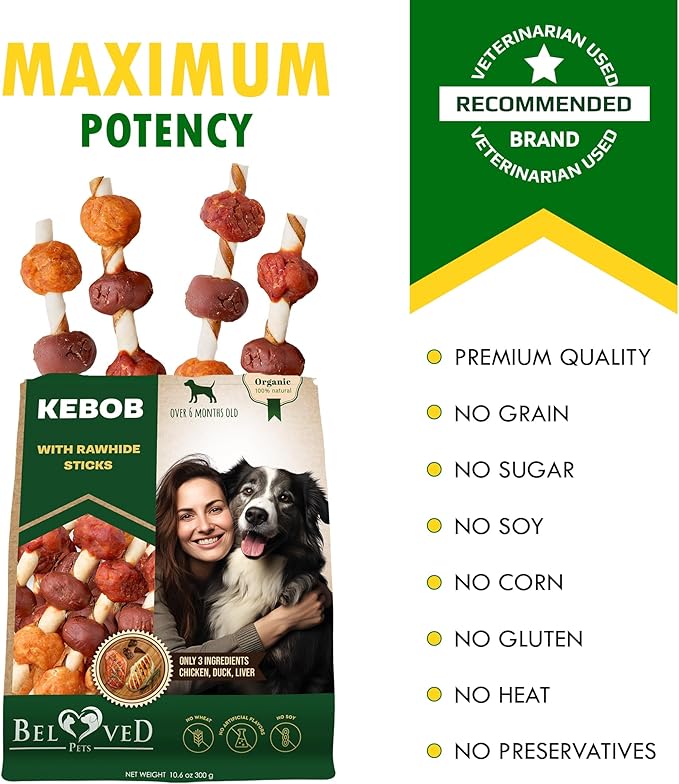 Kabobs Dog Rawhide Treats with Duck & Chicken Human Grade Meat - All Natural & Organic Dried Snacks - Grain Free Long Lasting Chews for Large & Small Dogs - Best Sticks for Training & Healthy Teeth