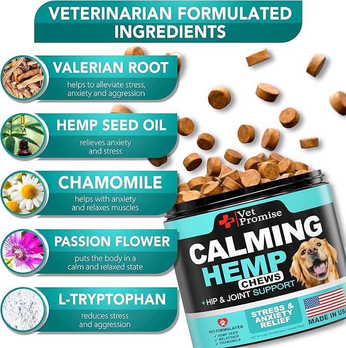 Advanced Calming Chews for Dogs - Hemp Dog Calming Chews - Anxiety Relief with Melatonin - Stress & Separation Anxiety - Sleep Aid + Hip and Joint Supplement Support - Made in USA - 70 Treats