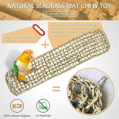 Bird Seagrass Mat 39.4×7" Natural Grass Woven Net Hammock Hanging on Parrot Cage with Hooks Parakeet Climbing Rope Ladder Chew Toys for Lovebird Cockatiel Conure Budgie Cockatoo Supplies