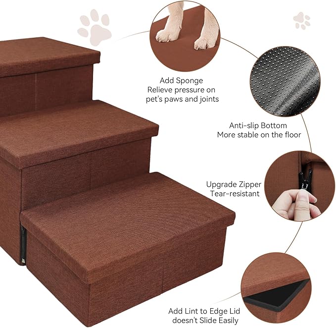 Dog Stairs with Storage 17.5" H, Dog Steps for High Beds, Folding Pet Stairs for Small Medium or Large Dogs Puppy for Bed and Couch, Dog Ramp for Car Hold Up to 200 lbs (Brown, 3 Steps with Condo)