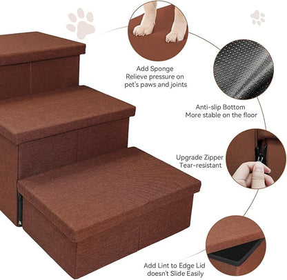 Dog Stairs with Storage 17.5" H, Dog Steps for High Beds, Folding Pet Stairs for Small Medium or Large Dogs Puppy for Bed and Couch, Dog Ramp for Car Hold Up to 200 lbs (Brown, 3 Steps with Condo)