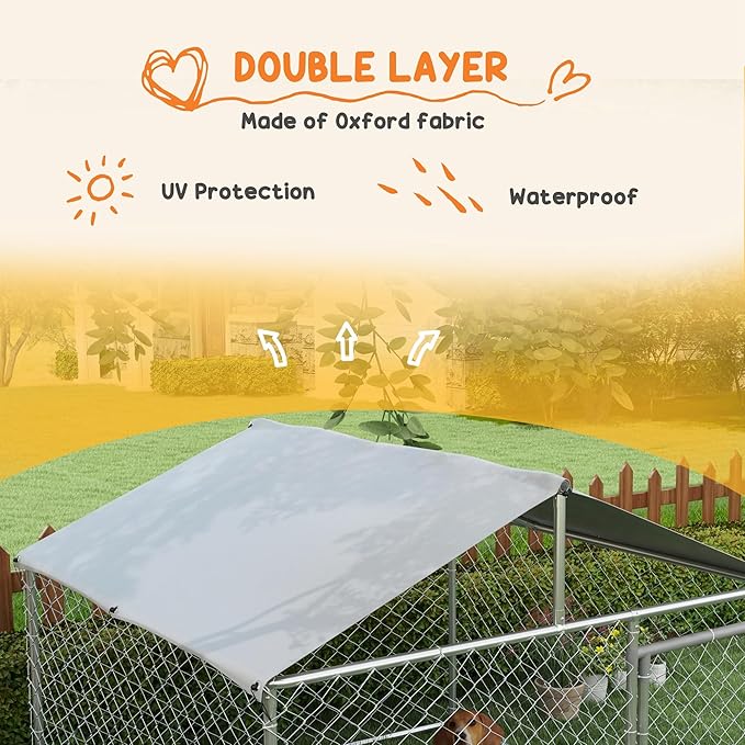 PawHut Large Dog Kennel Outside, Heavy Duty Dog Cage with Waterproof Cover, Outdoor Fence Dog Run with Galvanized Chain Link, Secure Lock, 6.6' x 6.6' x 4.9'