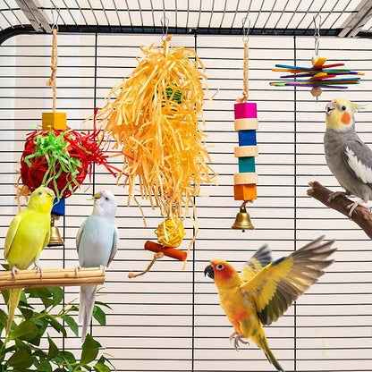 4-in-1 Hanging Bird Toy Set - Raffia Chew Balls, Wood Blocks & Bells for Foraging - Small Parrot Cage Toys for Conures, Lovebirds Under 150g (30-Day Play Guarantee)