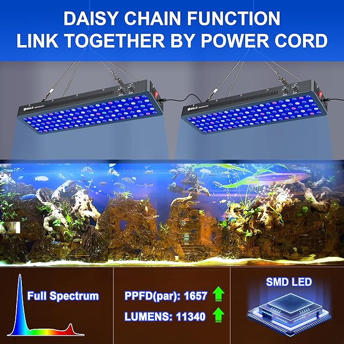 WILLS Full Spectrum Aquarium Light, Reef Lights for Coral with Dual Dimmable Channels, 105 Premium SMD Chips, Daisy Chain Design, Hanging Saltwater Fish Tank Light for SPS/LPS Coral Reef (300W/Black)