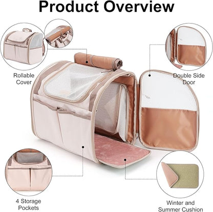FUKUMARU Cat Backpack Carrier, Expandable Small Pet Carriers for Cats with 4 Pockets, Hiking Travel Carrier Bag for Small Animal, Airline Approved Cat Carrier with Rollable Cover for Nervous Cat, Pink