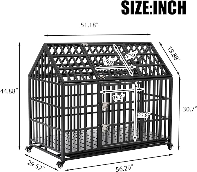 52inch Metal Heavy Duty Dog Cage with Door and Roof Doors of 2 Patent Latches,Pet Crate Doggy Kennel,w/ 2 Plastic Pans & 4 Lockable Caster Wheels,for Large or Medium Size Pets,Black