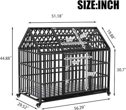 52inch Metal Heavy Duty Dog Cage with Door and Roof Doors of 2 Patent Latches,Pet Crate Doggy Kennel,w/ 2 Plastic Pans & 4 Lockable Caster Wheels,for Large or Medium Size Pets,Black