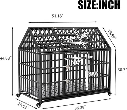 52" Heavy Duty Dog Crate,Metal Pet Cage Roof Strong Playpen with Sturdy Latches and Lockable Wheels,Large Kennel W/Removable Trays for Large Dogs,Black
