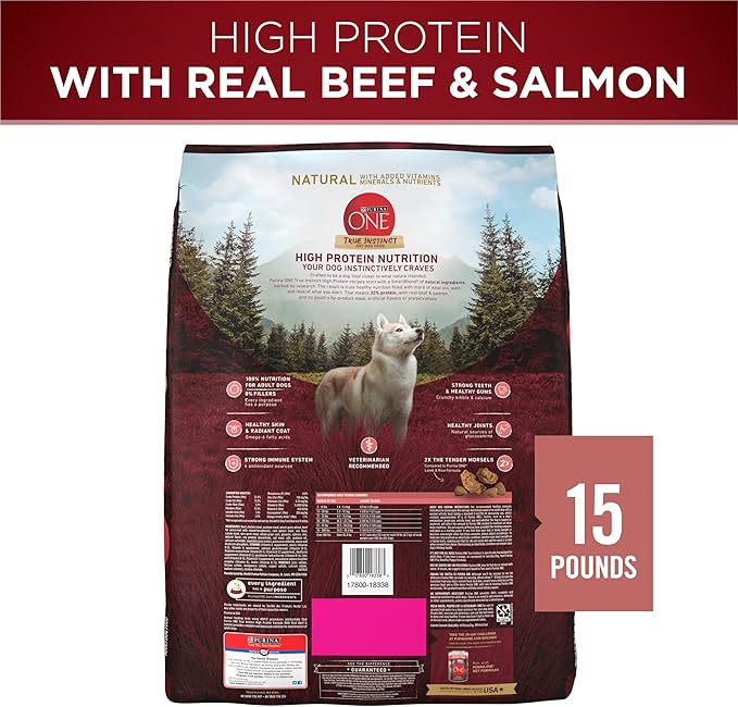 Purina ONE Natural High Protein Dry Dog Food Dry True Instinct with Real Beef and Salmon With Bone Broth and Added Vitamins, Minerals and Nutrients - 15 lb. Bag