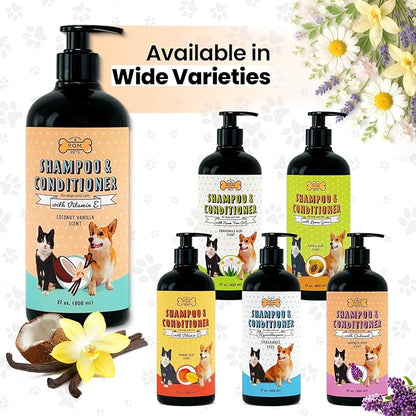 POM Pets 2-in-1 Organic Dog Shampoo & Conditioner – Itchy Skin Relief, Dog Deshedding, Detangles Fur, Cat Shampoo, Paw Cleaner for Dogs, Natural Coat Defense Formula