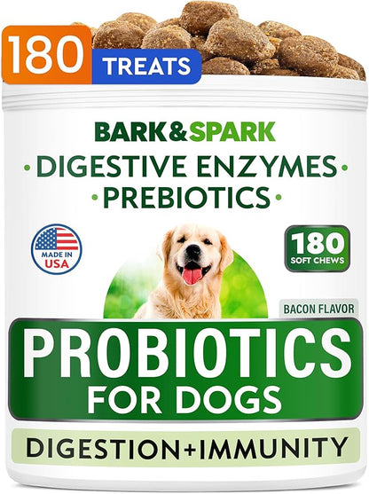 BARK&SPARK Dog Probiotics & Digestive Enzymes (Gut Health) Allergy & Itchy Skin - Pet Diarrhea Gas Treatment Upset Stomach Relief Pill, Digestion Health Prebiotic Supplement Tummy Treat (180Ct Bacon)