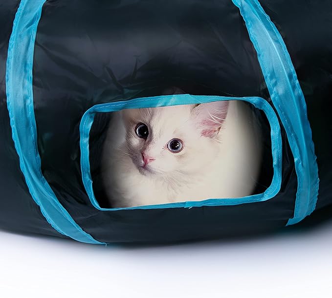 Sheldamy Cat Tunnel, S-2-Way Cat Tunnels for Indoor Cats, Collapsible Cat Play Tunnel, Interactive Toy Maze Cat House with 1 Play Ball for Cats, Puppy, Kitty, Kitten, Rabbit (Blue & Black)