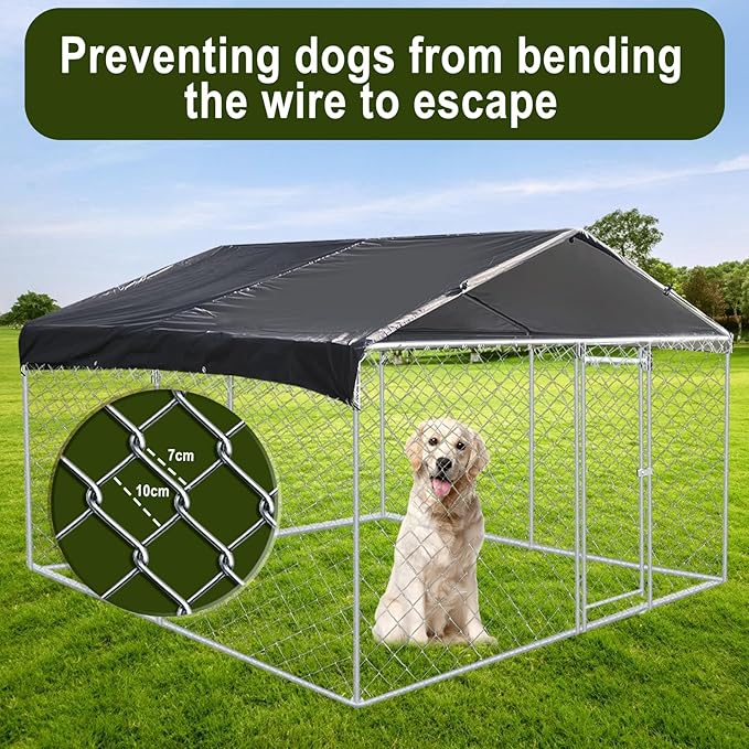 Large Outdoor Dog Kennel 9.8 x 9.8FT, Heavy Duty Outdoor Fence Dog Run, Dog Enclosure with Waterproof UV-Resistant Roof for Backyard Farm ESWE3029
