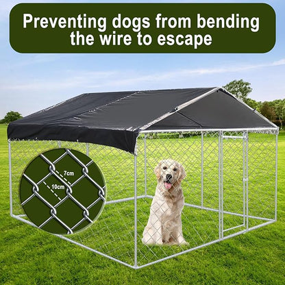 Large Outdoor Dog Kennel 9.8 x 9.8FT, Heavy Duty Outdoor Fence Dog Run, Dog Enclosure with Waterproof UV-Resistant Roof for Backyard Farm ESWE3029