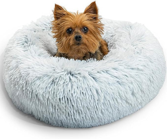 Best Friends by Sheri Original Calming Donut Dog and Cat Bed, Shag Faux Fur, Frost Gray, XS (18in x 18in) - Anxiety Relief for Pets Up to 10 lbs