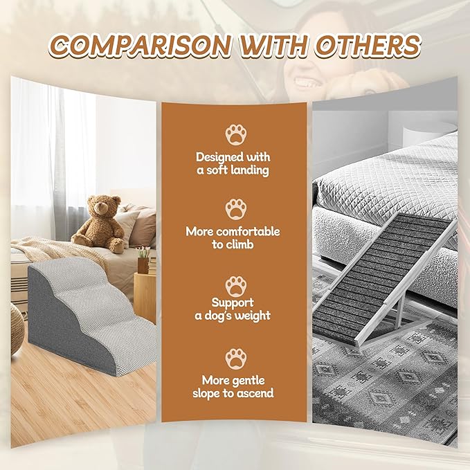 Romrol Dog Stairs Ramp for Beds Couches, Extra Wide Pet Steps with Durable Non-Slip Waterproof Fabric Cover, Pets Slope Stairs, 3-Tiers,Light-Grey