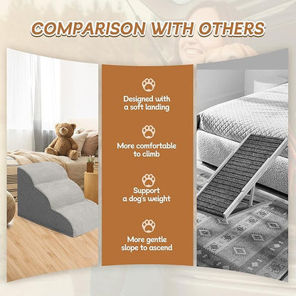 Romrol Dog Stairs Ramp for Beds Couches, Extra Wide Pet Steps with Durable Non-Slip Waterproof Fabric Cover, Pets Slope Stairs, 3-Tiers,Light-Grey