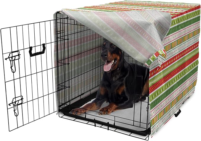 Ambesonne Christmas Dog Crate Cover, Traditional Winter Seasonal Borders Stars Bells Trees Stripes Print, Easy to Use Pet Kennel Cover for Medium Large Dogs, 42 Inch, Lime Green