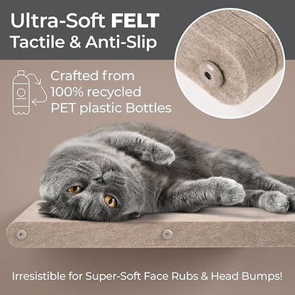 Wall Mounted Cat Perch Long Shelf by Pryde Pets - Floating Hammock Bed, 100% Sustainable PET Felt Feline Enrichment Climber Furniture for Indoor Cats, Modern Climbing Gym Jungle Design (Oatmeal)