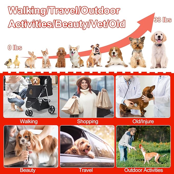 Pet Stroller, Cat Dog Stroller with Storage Basket Foldable Lightweight Dog Carrier Trolley Jogging Stroller, 3 Wheel, Balck