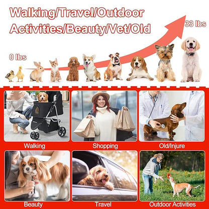 Pet Stroller, Cat Dog Stroller with Storage Basket Foldable Lightweight Dog Carrier Trolley Jogging Stroller, 3 Wheel, Balck