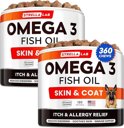 StrellaLab Omega 3 for Dogs - (360Ct) Fish Oil Treats - Allergy & Itch Relief Skin&Coat Supplement - Dry Itchy Skin, Shedding, Hot Spots Treatment, Anti Itch - Pet Salmon Oil Chews - Atlantic Salmon