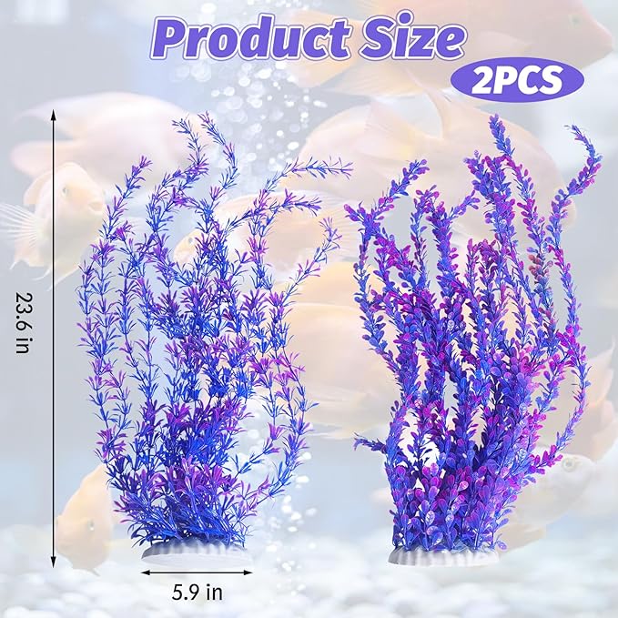 Hamiledyi Aquarium Plastic Plants Aquarium Decor Artificial Fish Tank Plants,Tall Fish Tank Decorations, Extra Large Aquarium Plant 23.6-inch Tall,2PCSï¼_urple Style Bï¼